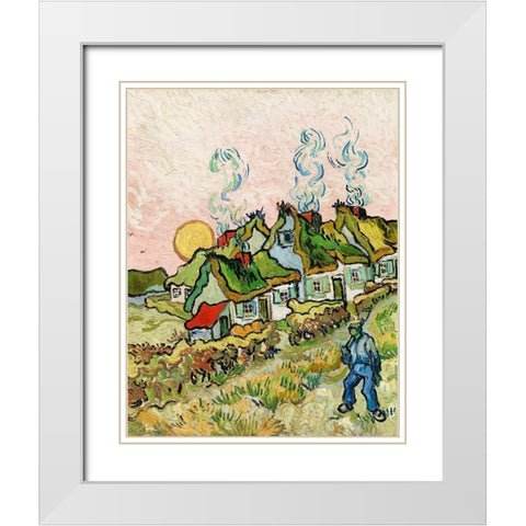Houses and Figure (1890) White Modern Wood Framed Art Print with Double Matting by Van Gogh, Vincent