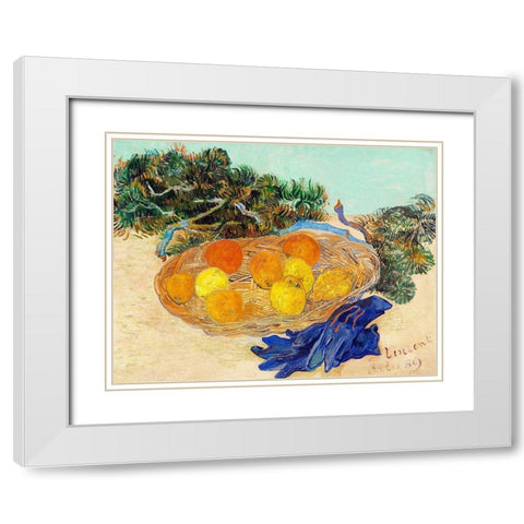 Still Life of Oranges and Lemons with Blue Gloves (1889) White Modern Wood Framed Art Print with Double Matting by Van Gogh, Vincent