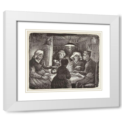 Composition lithograph of The Potato Eaters (De aardappeleters, 1885) White Modern Wood Framed Art Print with Double Matting by Van Gogh, Vincent