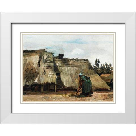 A Peasant Woman Digging in Front of Her Cottage (c.1885) White Modern Wood Framed Art Print with Double Matting by Van Gogh, Vincent