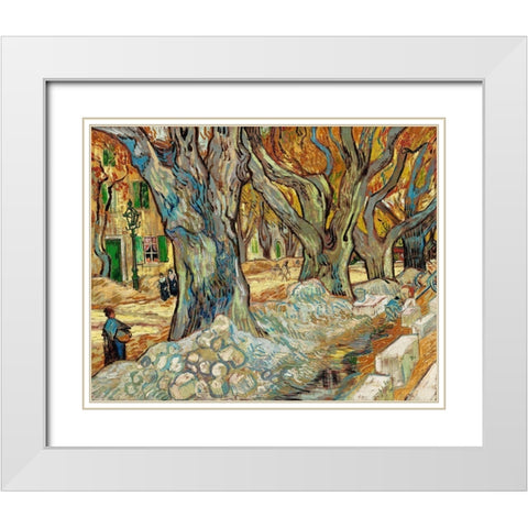 The Large Plane Trees (Road Menders at Saint-RÃ©my) (1889)Â  White Modern Wood Framed Art Print with Double Matting by Van Gogh, Vincent