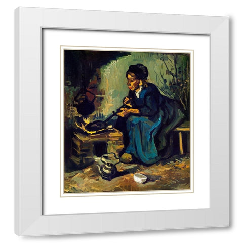Peasant Woman Cooking by a Fireplace (1885) White Modern Wood Framed Art Print with Double Matting by Van Gogh, Vincent