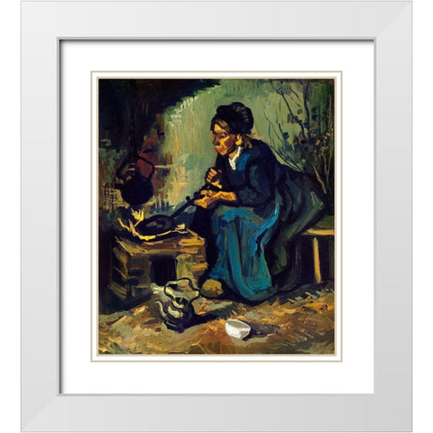 Peasant Woman Cooking by a Fireplace (1885) White Modern Wood Framed Art Print with Double Matting by Van Gogh, Vincent