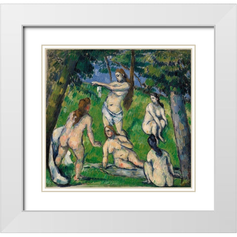 Five Bathers (Cinq baigneuses) (ca. 1877â€“1878) White Modern Wood Framed Art Print with Double Matting by Cezanne, Paul