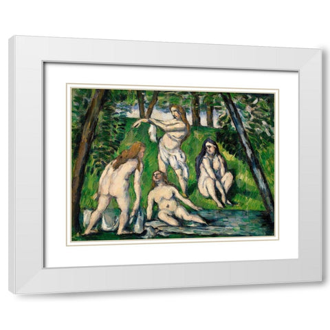 Four Bathers White Modern Wood Framed Art Print with Double Matting by Cezanne, Paul