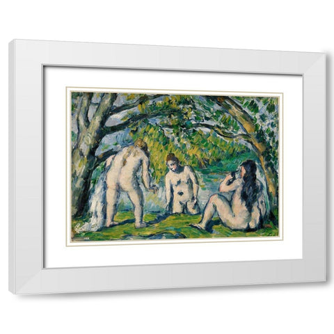 Three Bathers White Modern Wood Framed Art Print with Double Matting by Cezanne, Paul