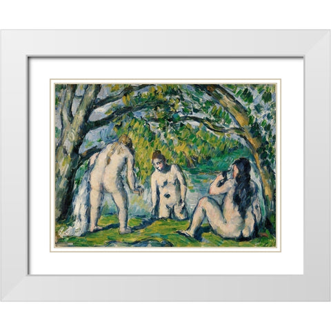 Three Bathers White Modern Wood Framed Art Print with Double Matting by Cezanne, Paul