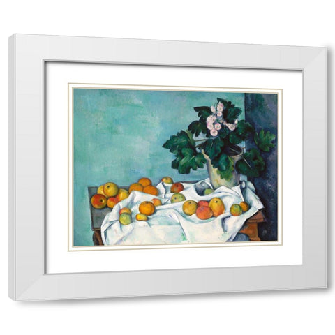 Still Life with Apples and a Pot of Primroses White Modern Wood Framed Art Print with Double Matting by Cezanne, Paul