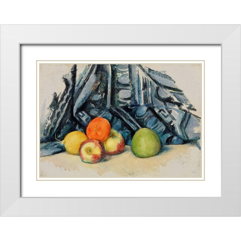 Apples and Cloth White Modern Wood Framed Art Print with Double Matting by Cezanne, Paul