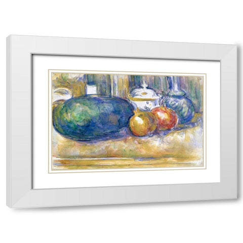Still-Life with a Watermelon and Pomegranates White Modern Wood Framed Art Print with Double Matting by Cezanne, Paul