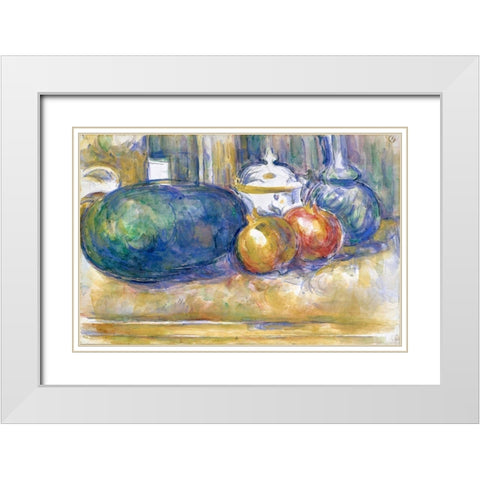 Still-Life with a Watermelon and Pomegranates White Modern Wood Framed Art Print with Double Matting by Cezanne, Paul