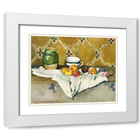 Still Life with Jar, Cup, and ApplesÂ  White Modern Wood Framed Art Print with Double Matting by Cezanne, Paul