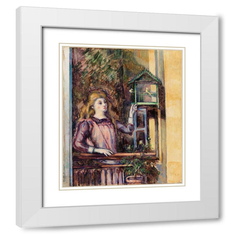 Girl with Birdcage White Modern Wood Framed Art Print with Double Matting by Cezanne, Paul