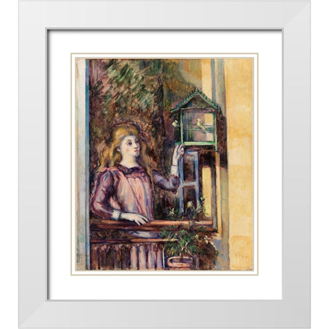 Girl with Birdcage White Modern Wood Framed Art Print with Double Matting by Cezanne, Paul