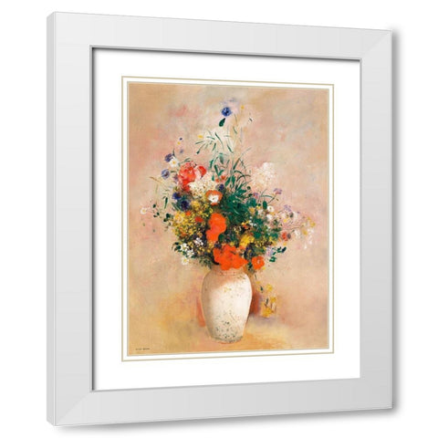 Vase of Flowers (Pink Background)Â  White Modern Wood Framed Art Print with Double Matting by Redon, Odilon