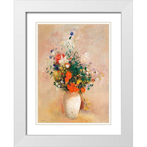 Vase of Flowers (Pink Background)Â  White Modern Wood Framed Art Print with Double Matting by Redon, Odilon