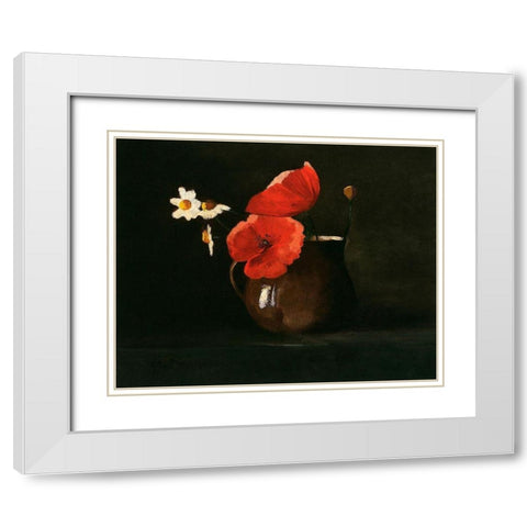 Poppies and Daisies White Modern Wood Framed Art Print with Double Matting by Redon, Odilon