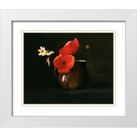 Poppies and Daisies White Modern Wood Framed Art Print with Double Matting by Redon, Odilon