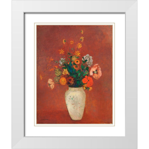 Bouquet in a Chinese Vase White Modern Wood Framed Art Print with Double Matting by Redon, Odilon