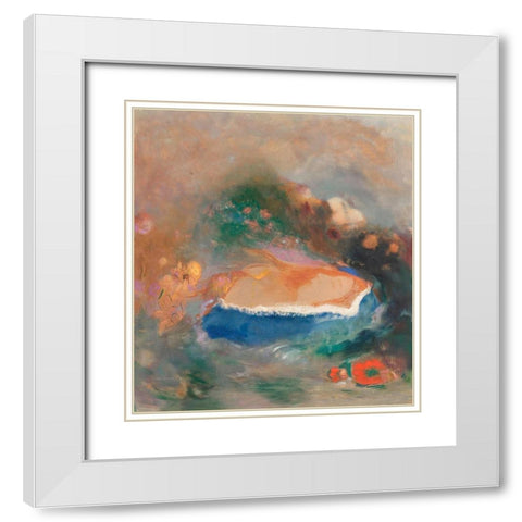 Ophelia with a Blue Wimple in the Water White Modern Wood Framed Art Print with Double Matting by Redon, Odilon
