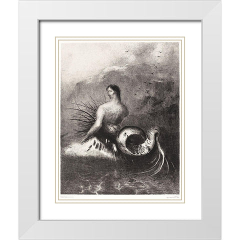 The Siren Clothed In Barbs, Emerged From the Waves White Modern Wood Framed Art Print with Double Matting by Redon, Odilon