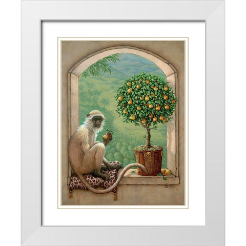Monkey and Pear Tree White Modern Wood Framed Art Print with Double Matting by Kruskamp, Janet