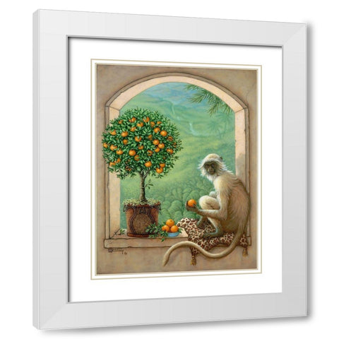 Monkey and Orange Tree White Modern Wood Framed Art Print with Double Matting by Kruskamp, Janet