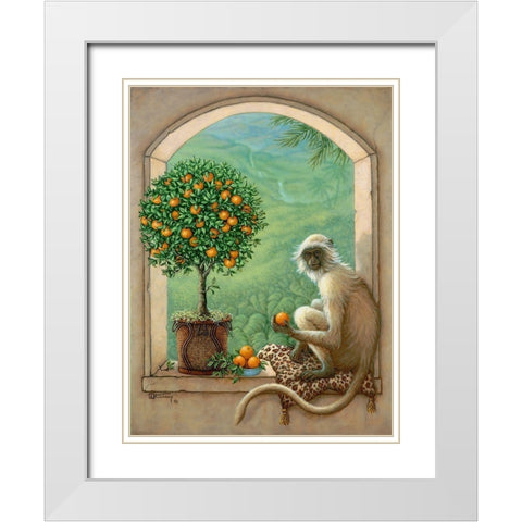 Monkey and Orange Tree White Modern Wood Framed Art Print with Double Matting by Kruskamp, Janet