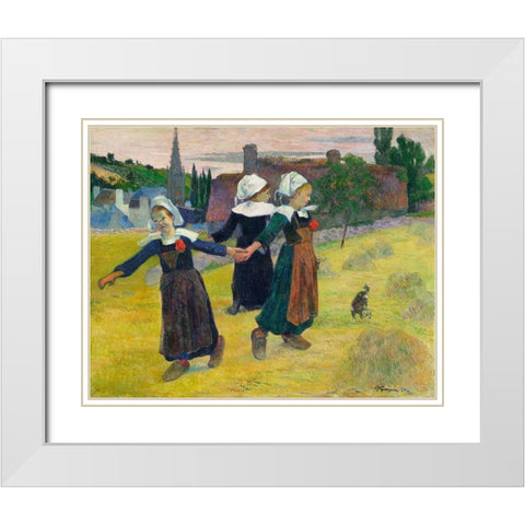 Breton Girls Dancing, Pont-Aven White Modern Wood Framed Art Print with Double Matting by Gauguin, Paul