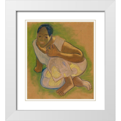 Crouching Tahitian Woman White Modern Wood Framed Art Print with Double Matting by Gauguin, Paul