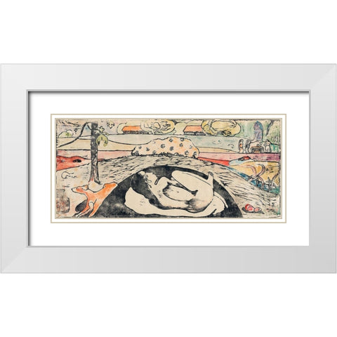 She Thinks of the Ghost or The Ghost Thinks of Her (Manao tupapau) White Modern Wood Framed Art Print with Double Matting by Gauguin, Paul