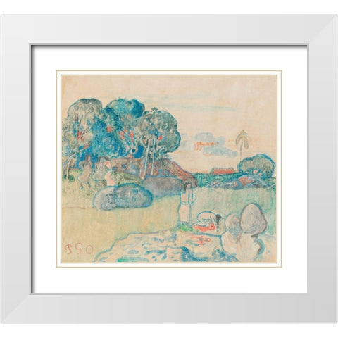 Tahitian Landscape White Modern Wood Framed Art Print with Double Matting by Gauguin, Paul