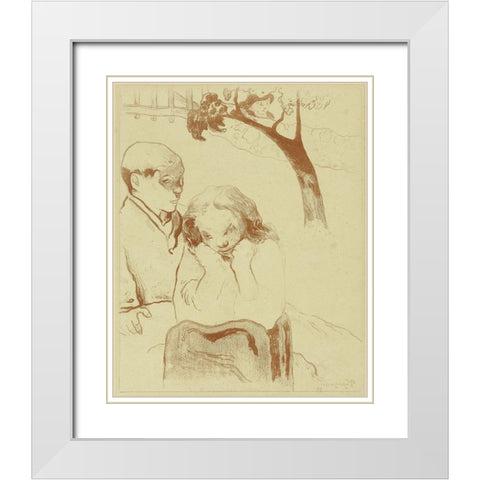 Sad Woman is Sitting with a Man White Modern Wood Framed Art Print with Double Matting by Gauguin, Paul