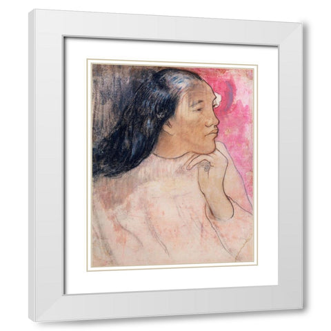A Tahitian Woman with a Flower in Her Hair White Modern Wood Framed Art Print with Double Matting by Gauguin, Paul