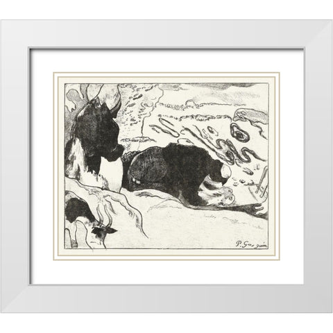 Two Washing Women Wash Clothes by Water White Modern Wood Framed Art Print with Double Matting by Gauguin, Paul