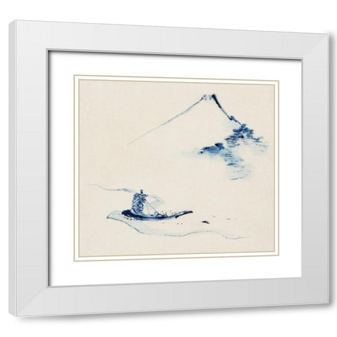 A Person in a Small Boat on a River with Mount Fuji in the BackgroundÂ  White Modern Wood Framed Art Print with Double Matting by Hokusai, Katsushika