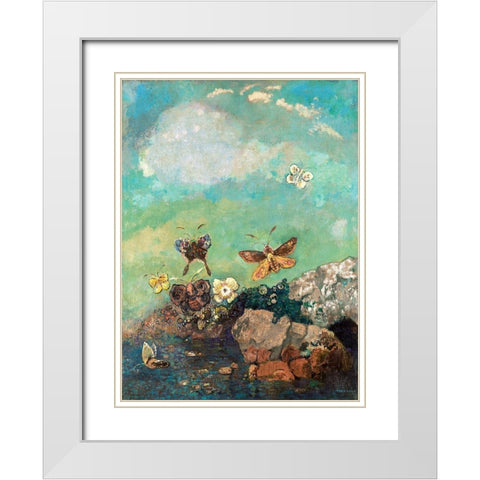 Butterflies White Modern Wood Framed Art Print with Double Matting by Redon, Odilon