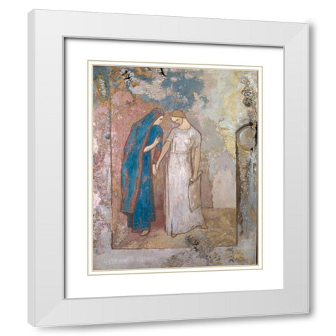 Initiation to Study, Two Young Ladies White Modern Wood Framed Art Print with Double Matting by Redon, Odilon