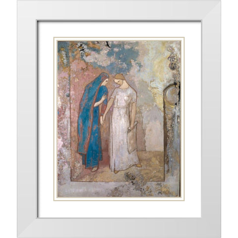 Initiation to Study, Two Young Ladies White Modern Wood Framed Art Print with Double Matting by Redon, Odilon