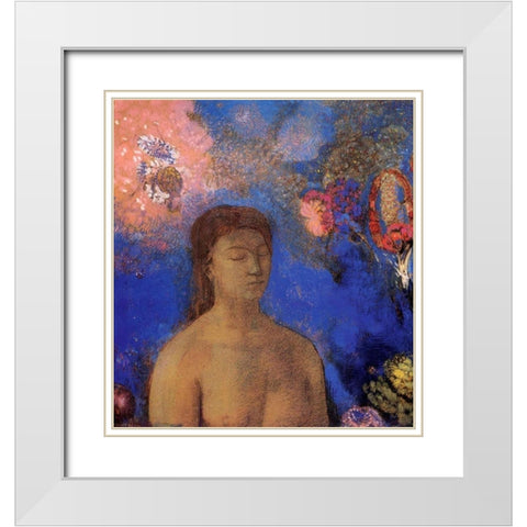 Closed Eyes Blue Background White Modern Wood Framed Art Print with Double Matting by Redon, Odilon