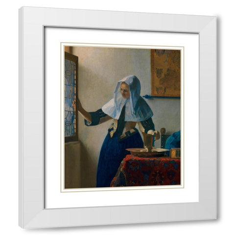 Young Woman with a Water Pitcher White Modern Wood Framed Art Print with Double Matting by Vermeer, Johannes