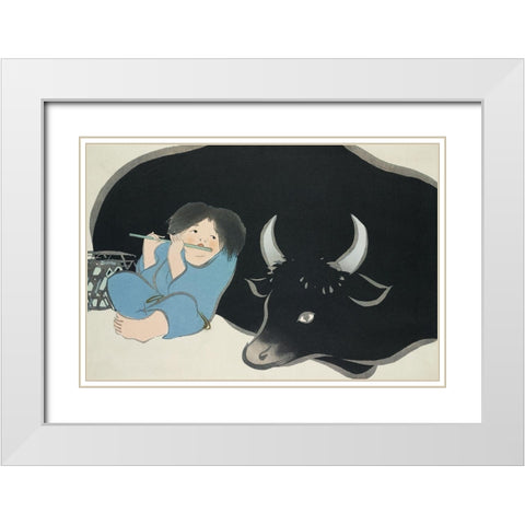 Flute player from Momoyogusa White Modern Wood Framed Art Print with Double Matting by Sekka, Kamisaka