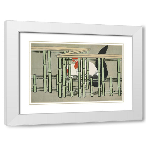 Roosters from Momoyogusa White Modern Wood Framed Art Print with Double Matting by Sekka, Kamisaka