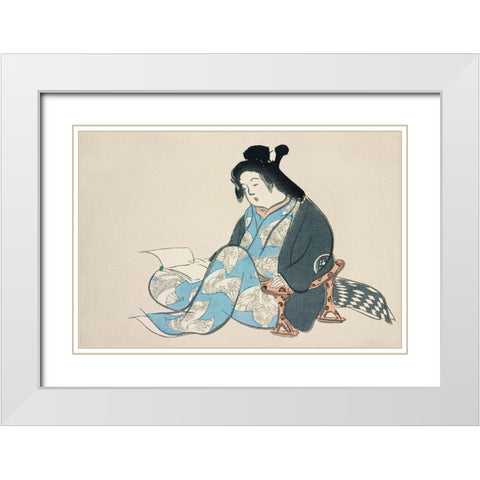 Reading lady from Momoyogusa White Modern Wood Framed Art Print with Double Matting by Sekka, Kamisaka