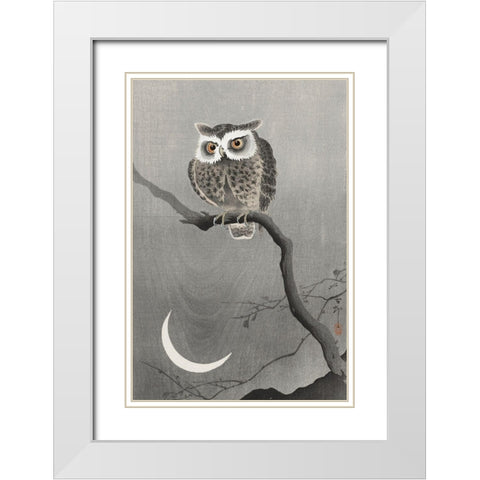 Long-eared owl on bare tree branch White Modern Wood Framed Art Print with Double Matting by Koson, Ohara