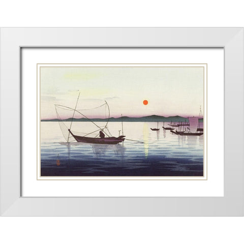 Boats and setting sun White Modern Wood Framed Art Print with Double Matting by Koson, Ohara