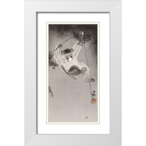 Monkey, hanging from bamboo branch White Modern Wood Framed Art Print with Double Matting by Koson, Ohara