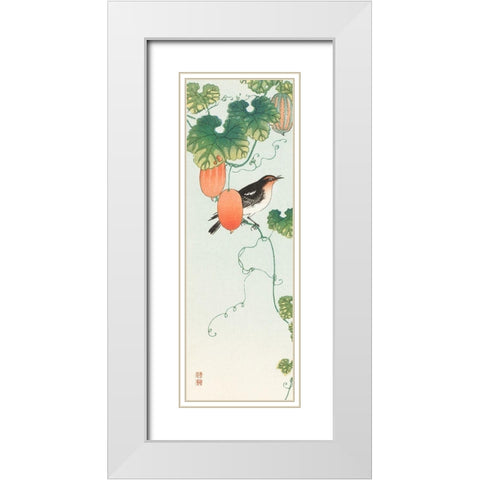 Songbird in cucumber plant White Modern Wood Framed Art Print with Double Matting by Koson, Ohara