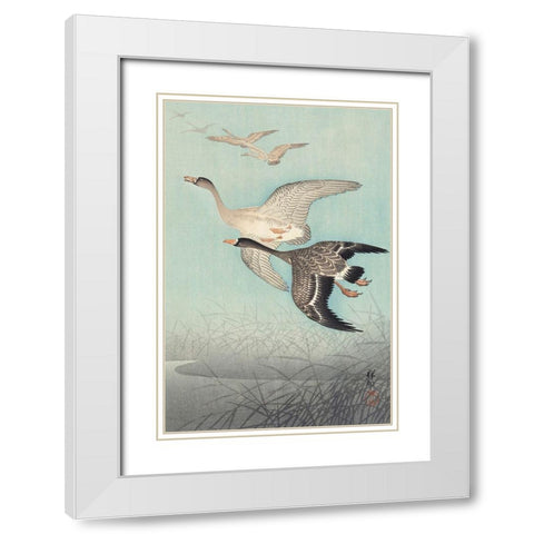 Great geese in flight White Modern Wood Framed Art Print with Double Matting by Koson, Ohara