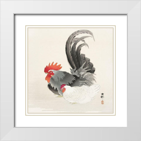 Chicken and cock White Modern Wood Framed Art Print with Double Matting by Koson, Ohara